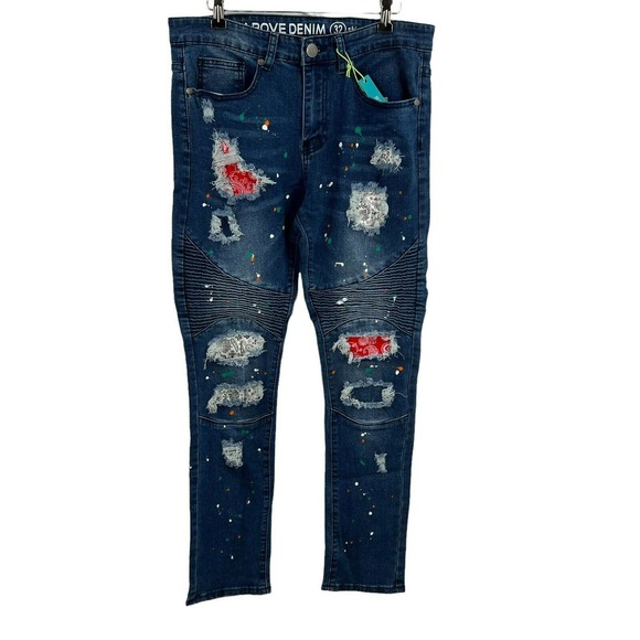 Above‎ Denim Skinny Dark Blue Moto Ripped Patch Look Size 32 x 32 New - Picture 1 of 8
